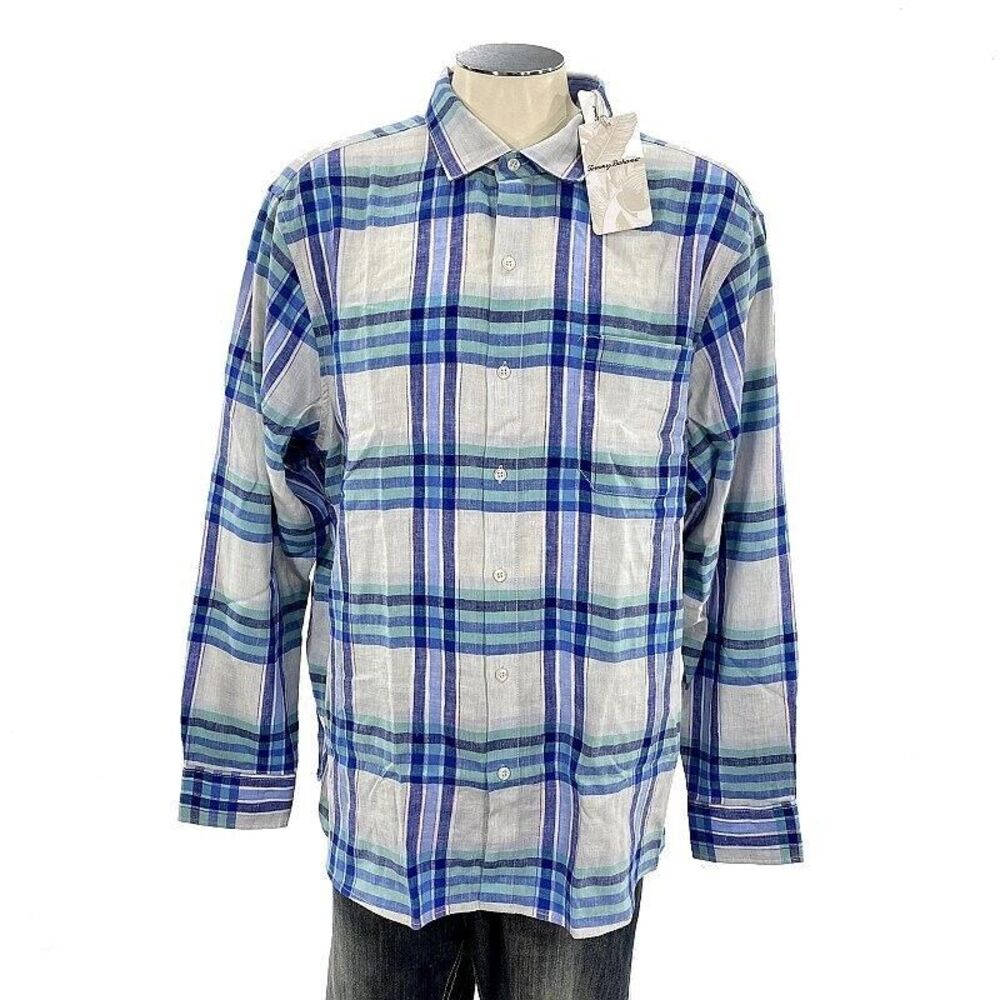 NWT Tommy Bahama Vista Del Plaid Shirt XL Linen Blue Hawaiian Beach Mens